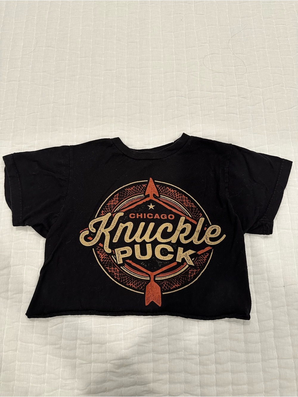 Hot Topic Black Crop Tee with Cream and Orange Graphic